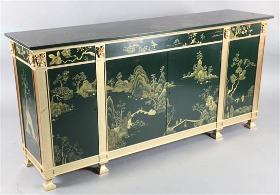 A pair of Chinoiserie green lacquered cabinets, W.6ft2in. D.1ft.7in. H.3ft.